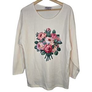 American Born Cream 18W/38 Ribbed Floral Rose Cream Sweater [0256]